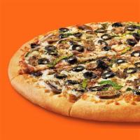 Veggie Pizza · Large round pizza with green peppers, onions, mushrooms, black olives and Italian seasoning.