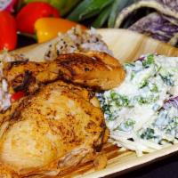Hawaiian Chicken Large Plate · Marinated chicken thigh with Hawaiian sea salt and Hickory smoke. Served with a serving of p...