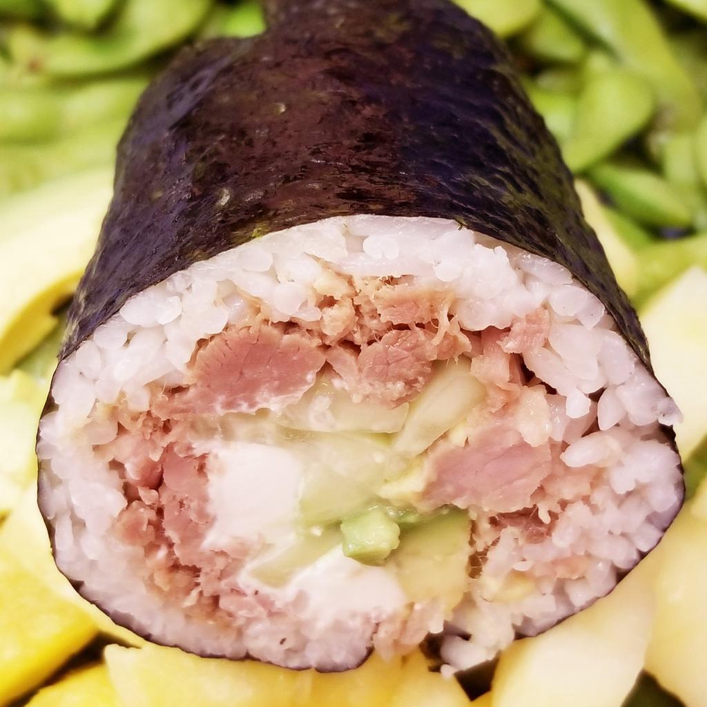 Kalua Pork Burrito · Kalua Pork wrapped with Nori, Avocado, Cream Cheese, Carrot, Cucumber