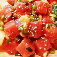 Ahi Tuna Poke · Ahi Tuna poke with shoyu marinade low sodium, furikake, scallion, sesame seed, and pickled g...