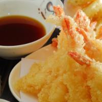 Tempura Shrimp · Tempura shrimp with tempura dipping sauce, scallions and sesame seeds. Gluten free
