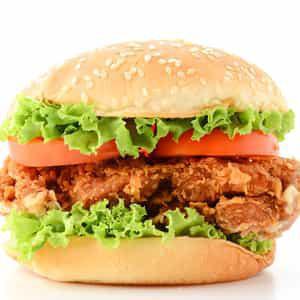 Fried Chicken Burger · Fried boneless breast of chicken with tomatoes, lettuce and American cheese. mayo, mustard, ketchup and pickles provided on the side.