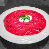 Red Borscht (vegetarian) 32oz · Traditional Ukrainian beet soup with vegetables. 