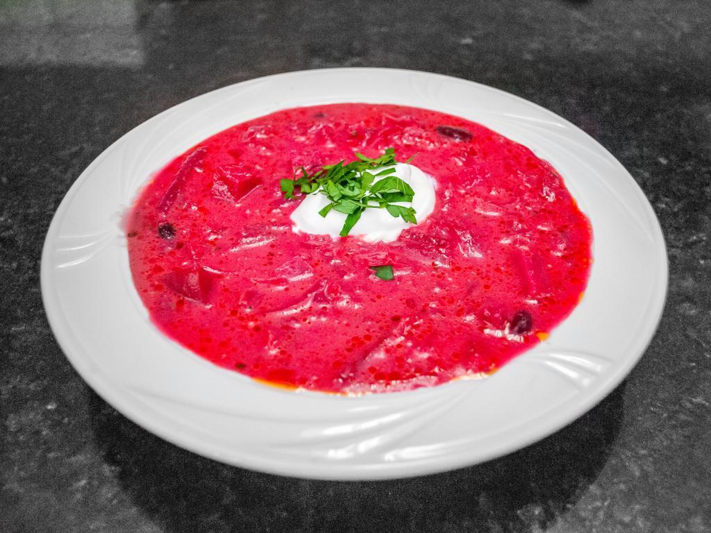 Red Borscht (vegetarian) 32oz · Traditional Ukrainian beet soup with vegetables. 