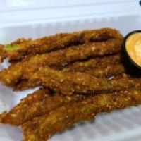 Vegan Asparagus Fries · Breaded, flash fried, served with chipotle aioli.
