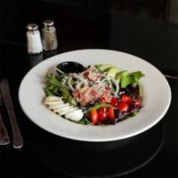 Cobb Salad · Bacon, hard-boiled egg, avocado, blue cheese, red onion, heirloom tomato and honey balsamic ...