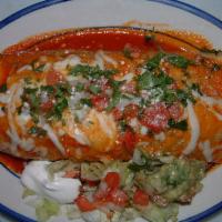 Wet Fajita Burrito · A giant flour tortilla filled with marinated strips of chicken or beef steak meat, sauteed w...