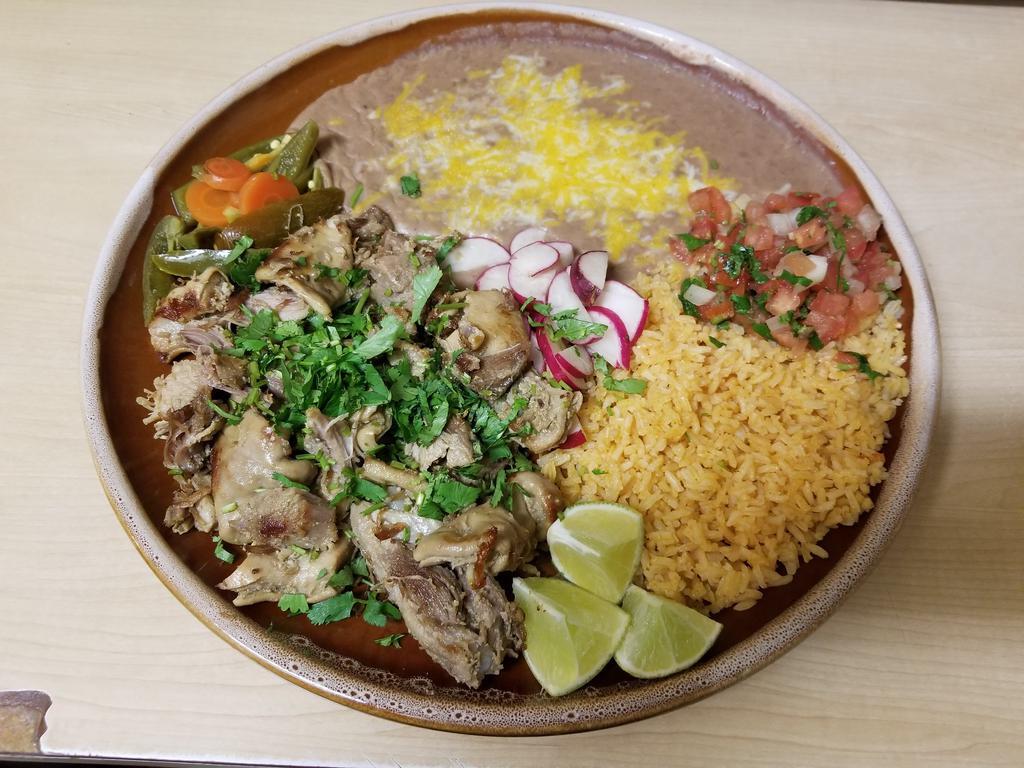 COMBO PORK FRIED CARNITAS 1 LB. · A mix of pork fried like ribs, maciza, buche and cueritos. Served with rice, beans, tortillas, salsa.
serve 2 people