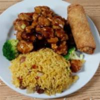 C13. General Tso's Chicken Combination Platter · Served with roast pork fried rice and egg roll. Hot and spicy.