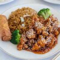 C25. Sesame Chicken Combination Platter · Served with roast pork fried rice and egg roll.