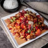 Kung Pao Chicken  · Diced chicken thigh, peanuts, onion, and bell pepper. 