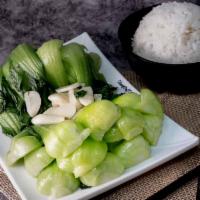 Bok Choy Stir Fried with Sliced Garlic · Stir fried. Comes with a bowl of white rice.