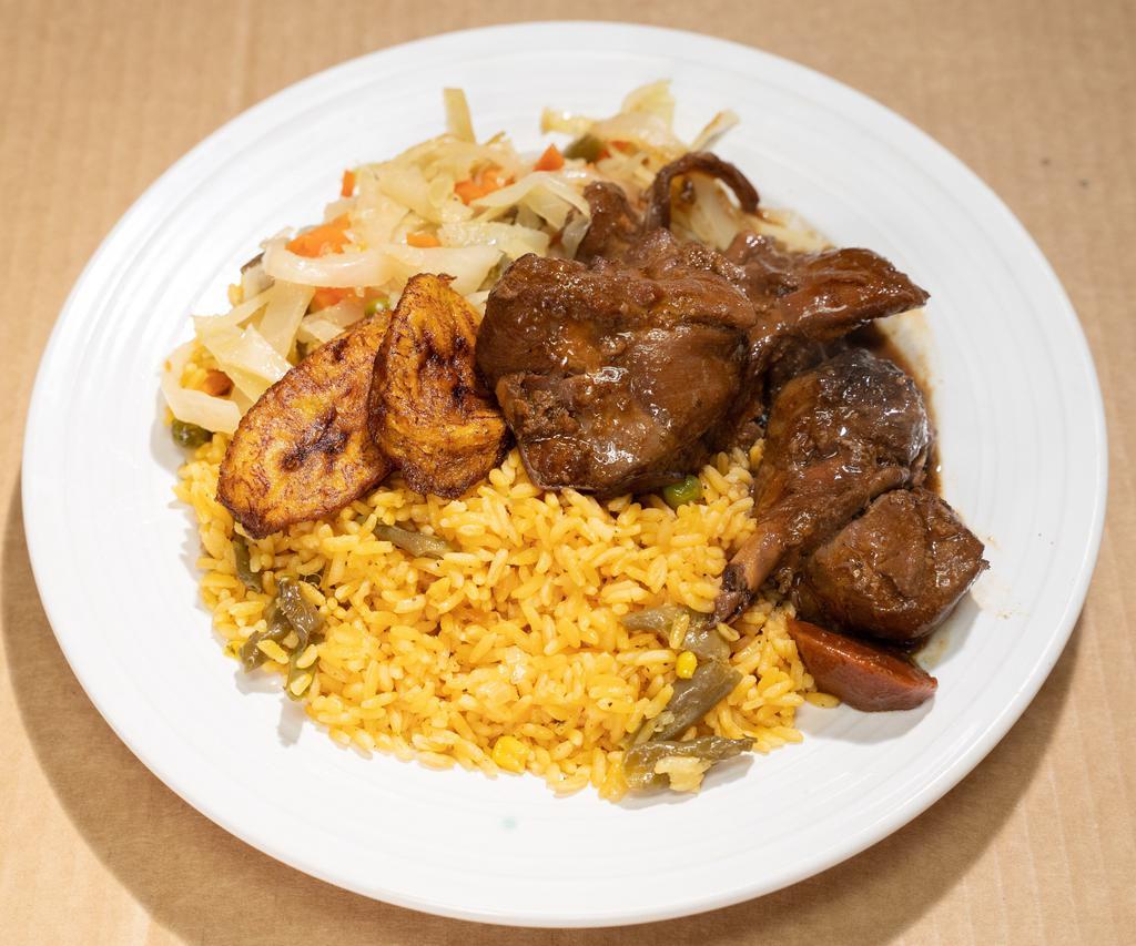 Stew Chicken · Served with rice, vegetable or coleslaw, and plantain.