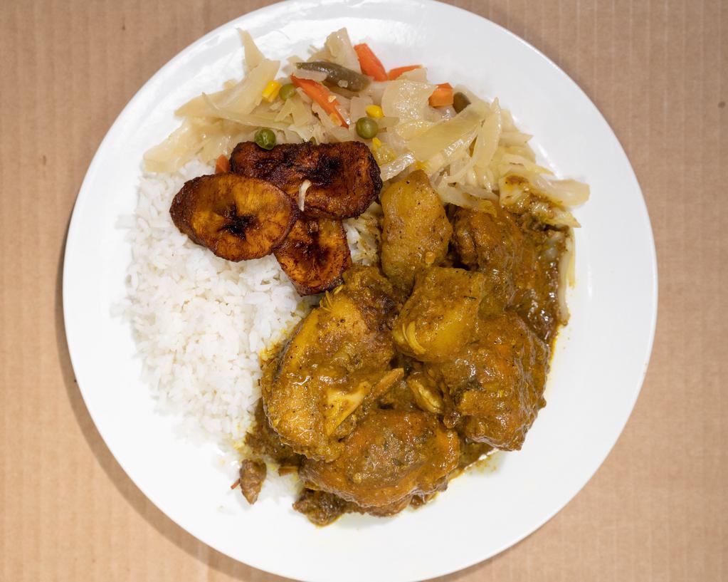 Curry chicken · chicken cook in curry sauce, served with rice and sides of your choice