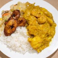 Curry shrimp · shrimp cook in curry sauce and potato, served with rice and sides of your choice