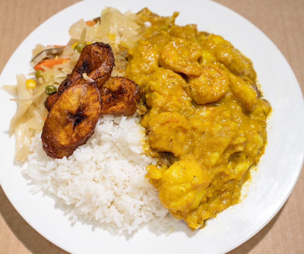 Curry shrimp · shrimp cook in curry sauce and potato, served with rice and sides of your choice