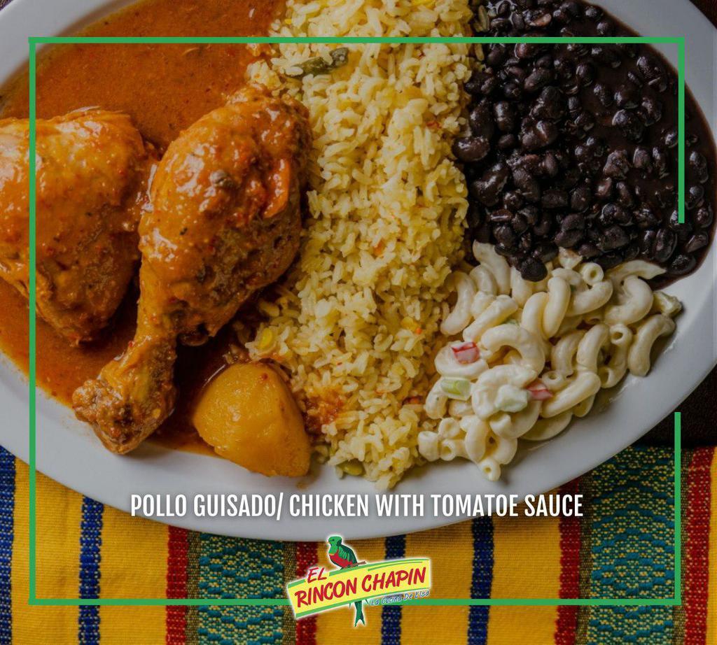 Pollo Guisado · 2 pieces of chicken in tomato sauce, onion and chili peppers (not spicy) rice, black beans, and pasta with mayonnaise.