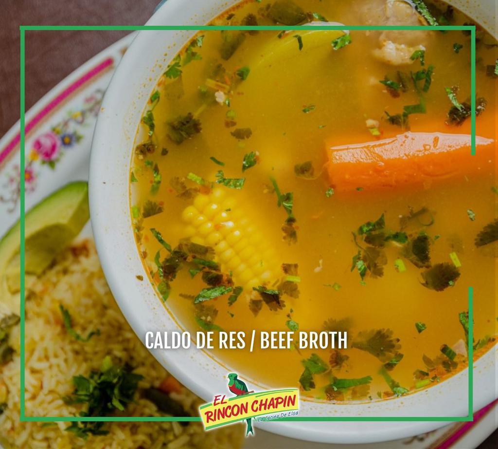 Caldo de Res · Beef broth. Guatemala-style beef soup with vegetables (potato,  carrot, chayote, yucca, yellow corn and cabbage) accompanied by rice, avocado and lemon.