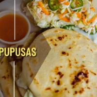 Pupusas · Traditional Salvadorean pupusas with chicharron, cheese, beans, loroco, chicken, asada, past...