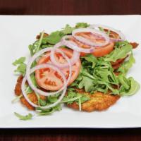 Primavera Dinner · Cutlet lightly breaded and pan fried, topped with arugula, heirloom tomatoes and  red onion ...