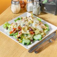 Sam's Pepper Jack Cheese Salad · Sauteed chicken, Kalamata olives, artichoke hearts, diced tomatoes, melted pepper Jack chees...