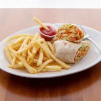 Mozzarella Chicken Wrap · Grilled chicken, roasted peppers, and fresh mozzarella served with a side of balsamic vinegar.