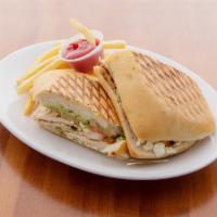 Chicken Cordon Blue Panini · Grilled chicken, ham, Swiss, and mozzarella cheese with a side of ranch dressing.