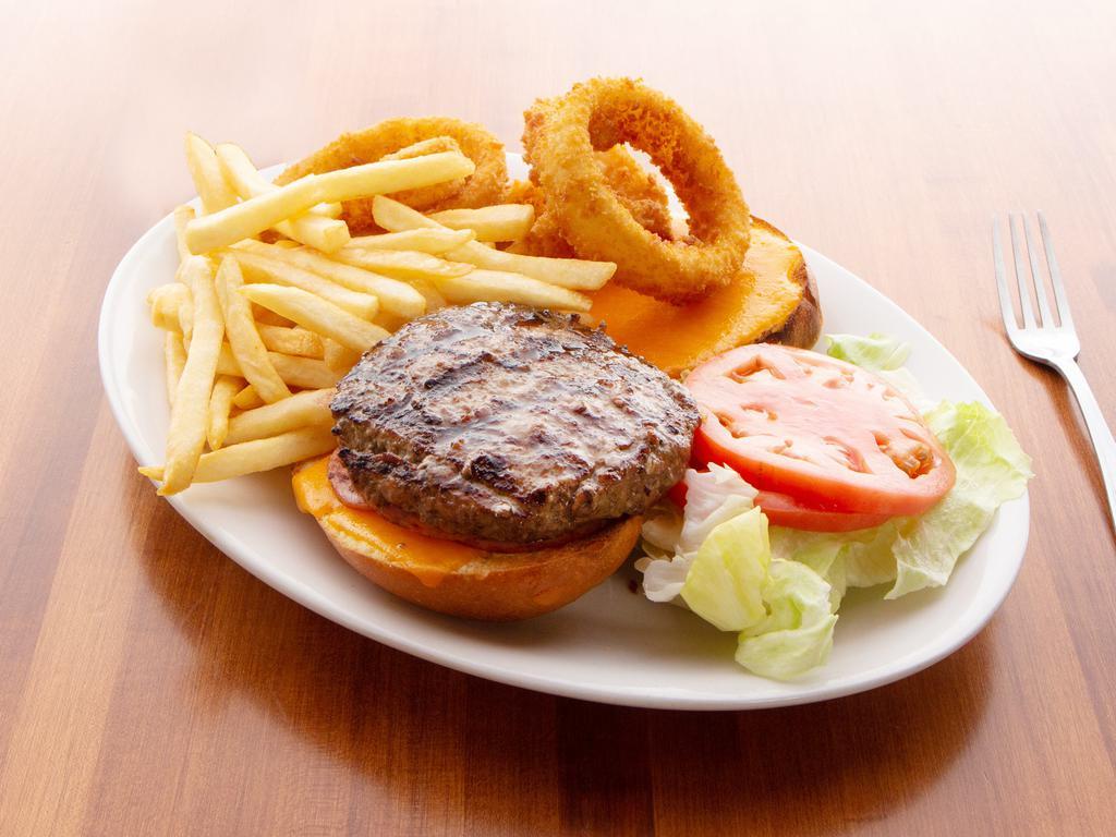 BBQ Twist Burger Deluxe · Canadian bacon, BBQ sauce, and melted cheddar cheese. Served with french fries, and onion rings. Substitute fries for an additional charge.