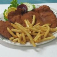 10. Breaded Chicken · Served with rice, beans, french fries and salad.