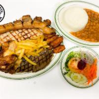 25. Mis Tierras Special Platter · Grilled steak, pork loin, pork skin, chicken, rice, beans, french fries, fried sweet plantai...