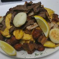 45. Mixed Fries · Sausage, pork skins, steak, ribs and corn cake.