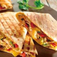 Chicken Quesadilla · Comes with grilled peppers, grilled onions, cheddar cheese, Jack cheese, salsa and sour cream.