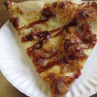 BBQ Chicken Pizza Slice · Topped with BBQ sauce, mozzarella, and chicken meat.