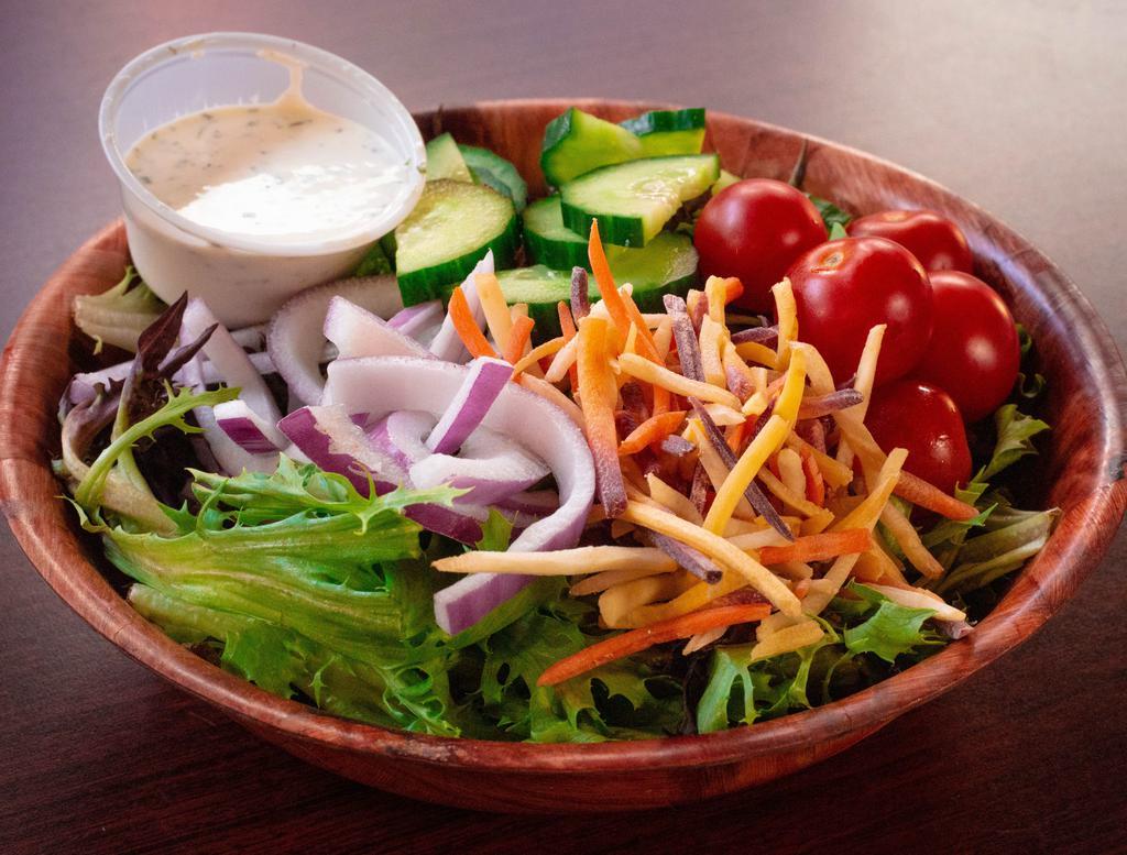Garden Salad · Mixed greens, grape tomatoes, cucumber, shredded carrot, red onion.