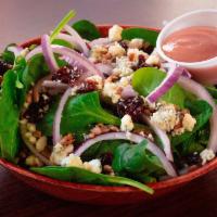 Spinach Salad · Spinach, red onion, blue cheese, craisins, and sunflower seeds.
