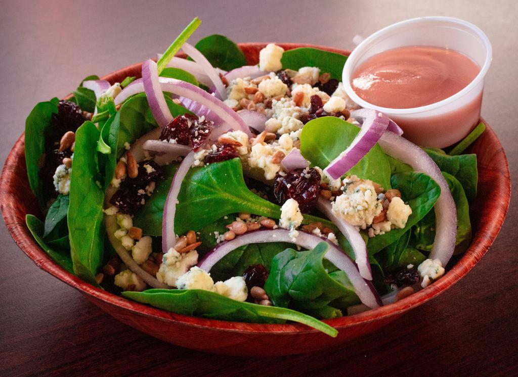 Spinach Salad · Spinach, red onion, blue cheese, craisins, and sunflower seeds.