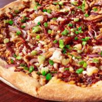 BBQ Soy Curl Pie · BBQ sauce base, vegan mozzarella cheese, bacon bits, BBQ soy curls, red onions, and scallions.