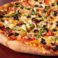 Odyssey Pie · Marinara, vegan mozzarella cheese, mushroom, olive, artichoke, onion and green pepper.