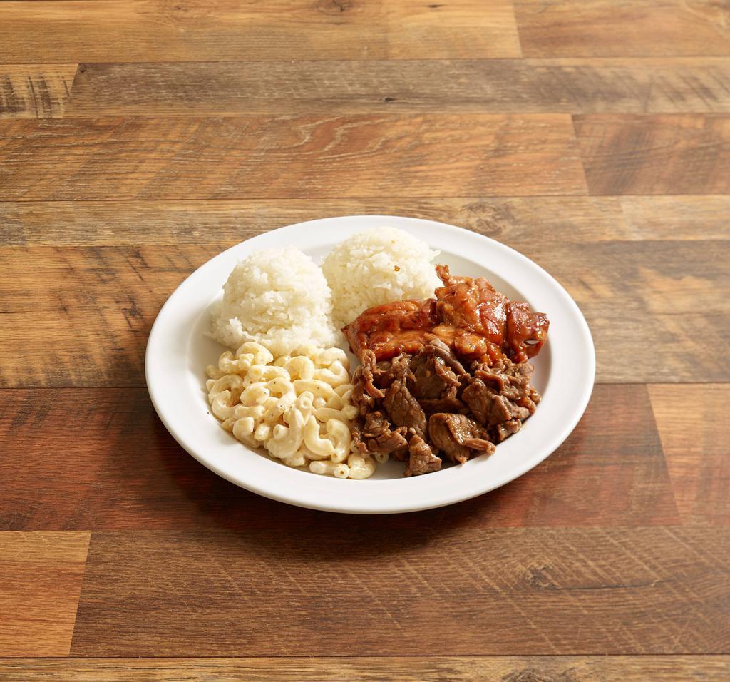 Regular Mixed Plate with Any 2 Meats · Your choice of any 2 meats. Includes extra meat, 2 scoops rice and macaroni salad.