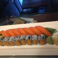 Salmon Lover · 7 pieces of salmon sushi and spicy crunch salmon roll.