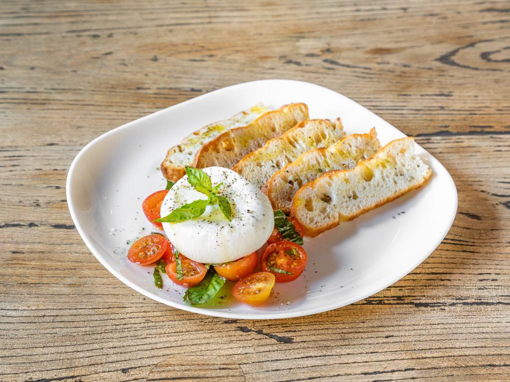 Burrata · Creamy mozzarella, heirloom cherry tomatoes, toasted bread