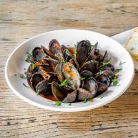 Steamed Mussels · mussels in spicy tomato sauce, white wine, thyme, garlic bread