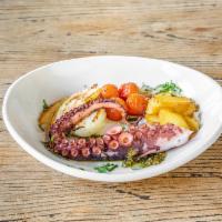 Polipo · charred octopus, heirloom cherry tomatoes, celery, olives, frisee salad and pickled onions