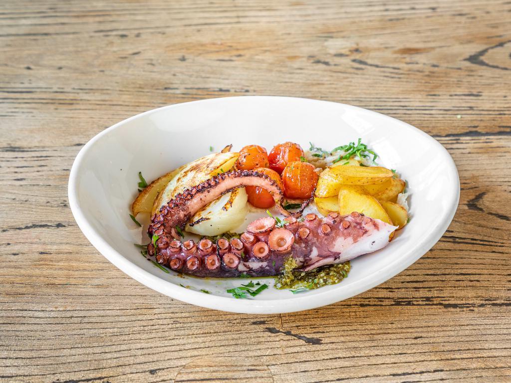 Polipo · charred octopus, heirloom cherry tomatoes, celery, olives, frisee salad and pickled onions