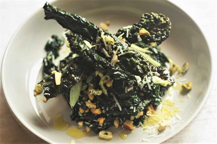 Kale Caesar Salad · Tuscan Kale, Croutons, Caesar dressing, Parmigiano