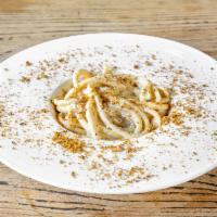 Pici Al Limone · Hand rolled spaghetti, lemon zest, nutmeg, cream and Sicilian pistachio
