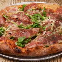 Prosciutto Pizza · Tomato sauce, fresh mozzarella, arugula, prosciutto di parma and shaved parmigiano.