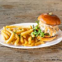 Fabbrica Burger · 8oz Beef burger, Fontina cheese, Arugula, Caramelized onions, Chipotle Aioli. Served with Fr...