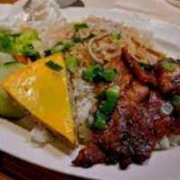F1. Grilled Pork Chop, Shredded Pork, & Pork Meat Loaf on Rice · Com xuon nuong bi cha.