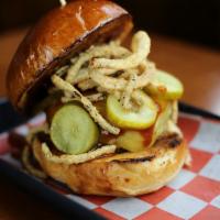 GH Smokey Burger · Smoked Gouda, BBQ Sauce, Crispy Onions, Sweet Pickles, Brioche